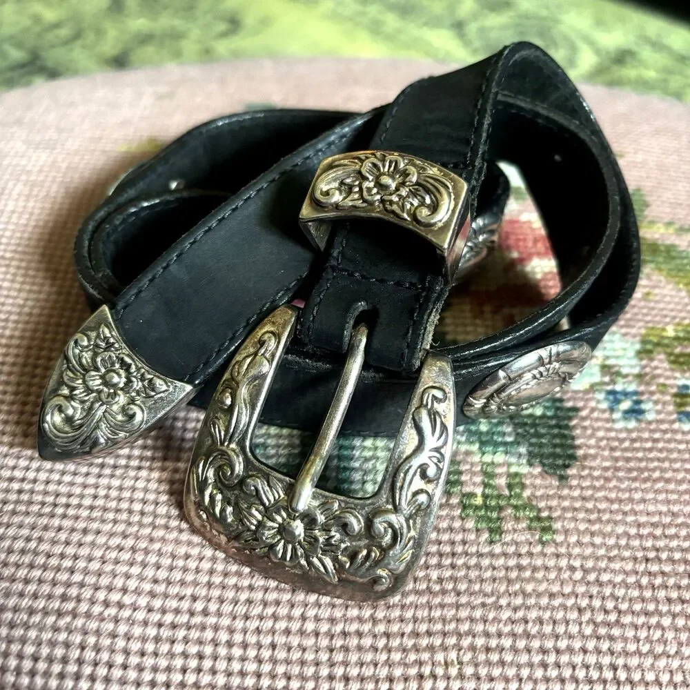 Vtg Concho Black Leather Belt Embossed Western Silver Buckle 32 Grunge Cowgirl